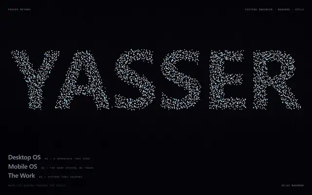 Yasser's name composed of white and blue particles